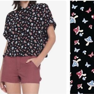Hot Topic Mushroom/Butterfly Print Cropped Button Up Cottagecore Earthy Size 2XL